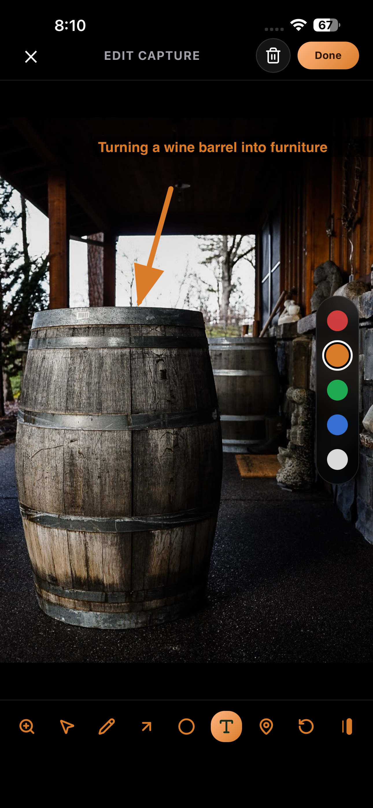 PocketHQ photo annotation with arrow and text tools