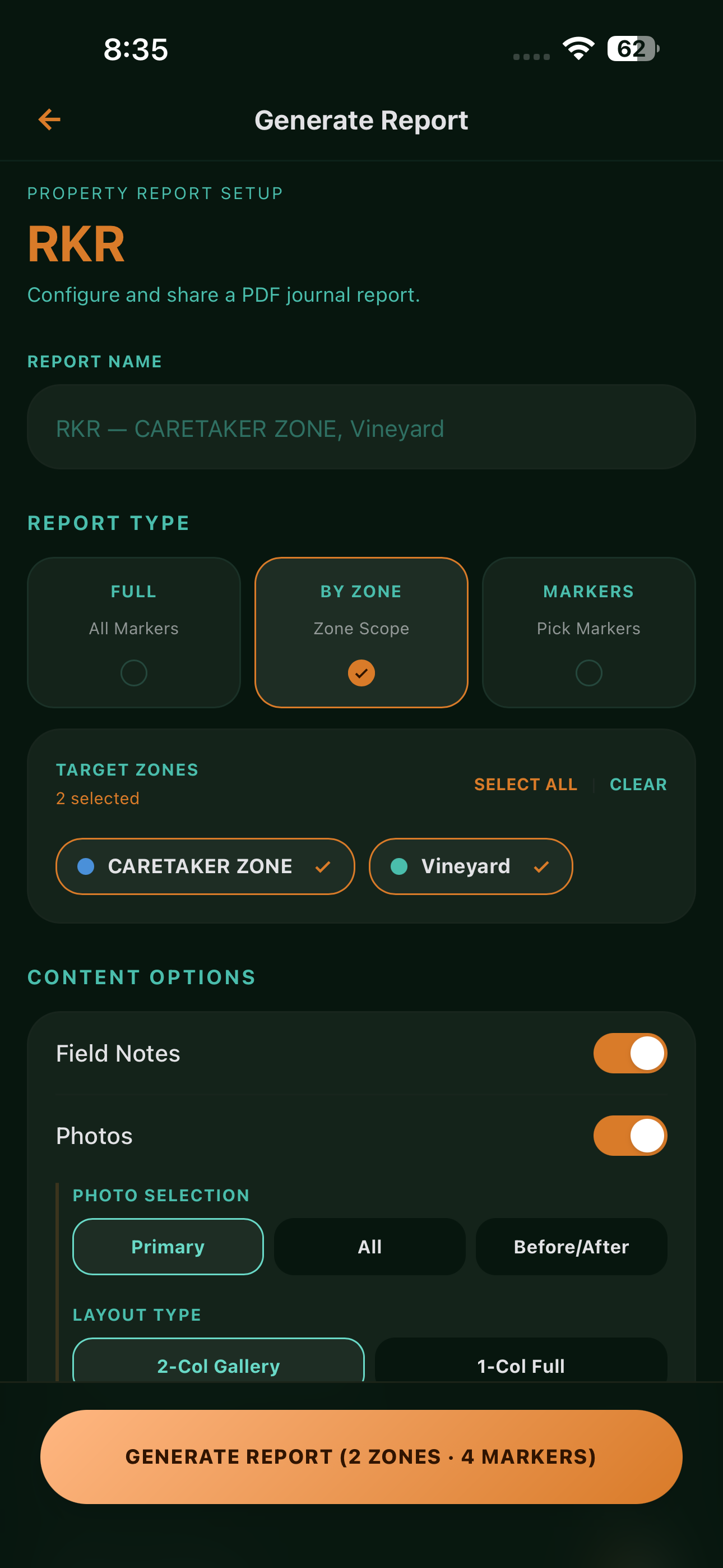 PocketHQ report generation screen