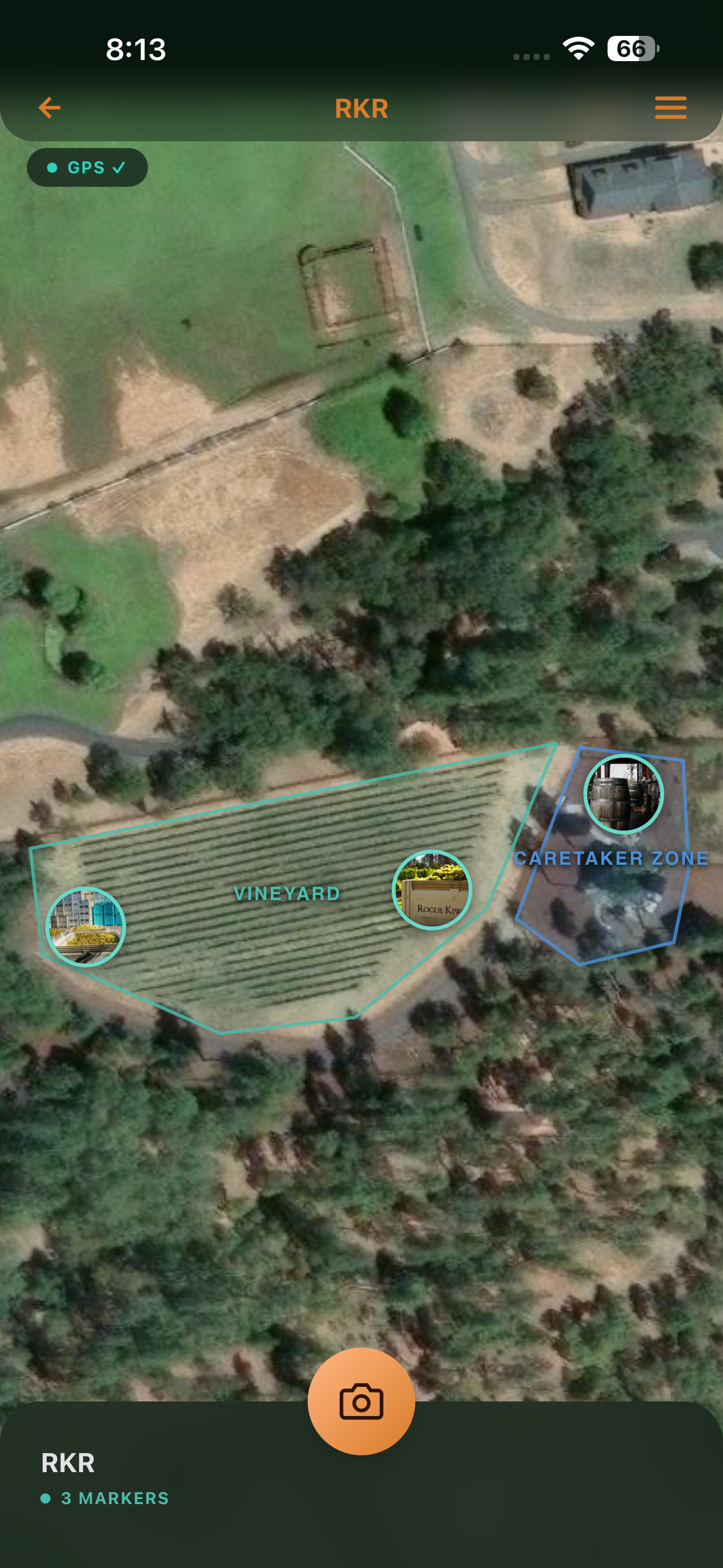 PocketHQ satellite map with named zones and GPS photo markers